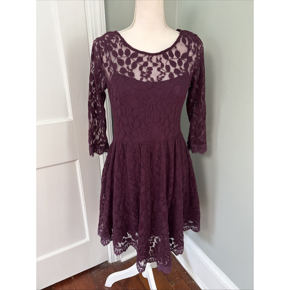 Free People Floral Mesh Lace Dress Cranberry Burgundy Lined 3/4 Sleeve Small